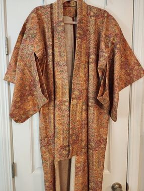 Japanese Kimono Floral Rust Gold Wrap Robe Jacket Fits Up To 1X Asian Unlined